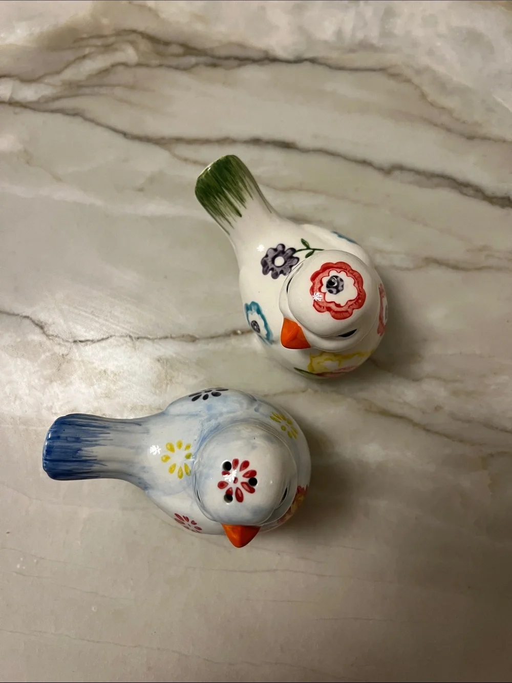 Charming Birds Salt & Pepper Shakers: Hand-Painted Ceramic Florals on Birds